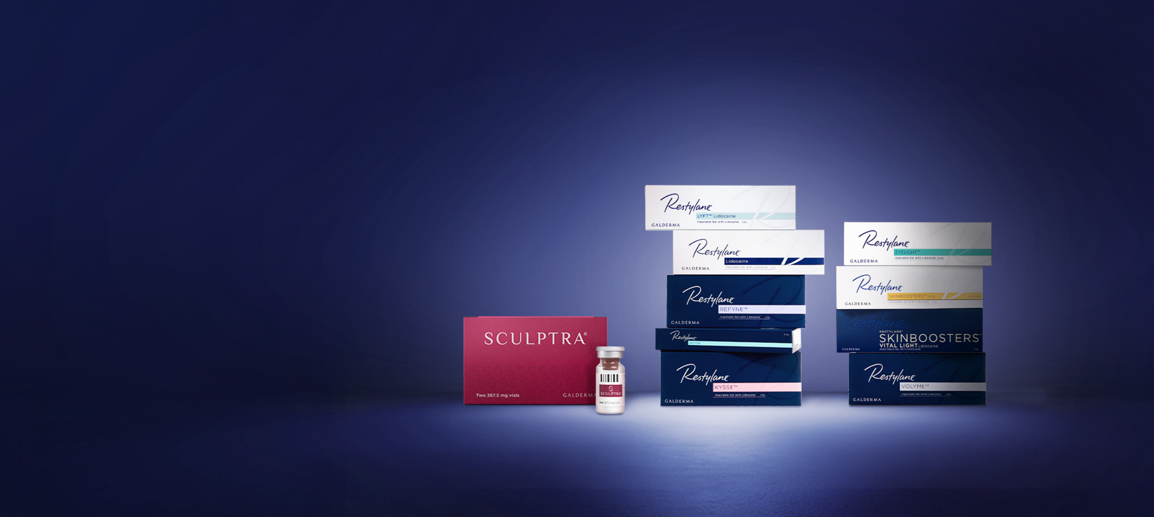 갈더마 정품인증 이벤트 히어로 배너 - 스컬트라와 레스틸렌 제품 이미지